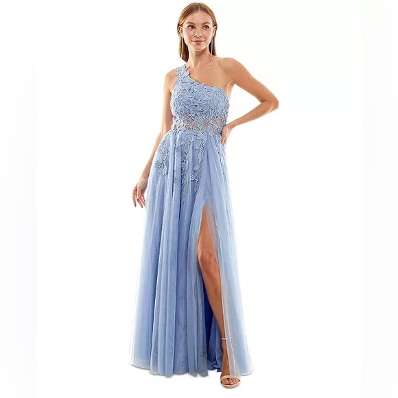 🌀Asymmetric Floral-Applique Sleeveless Prom Dress Gown in Light Blue Periwinkle - Picture 2 of 5
